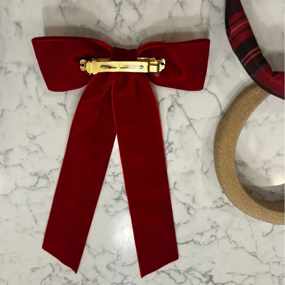 Lot of 3 Hair Accessories 2 Headbands One Bow Red Plaid Gold Tan